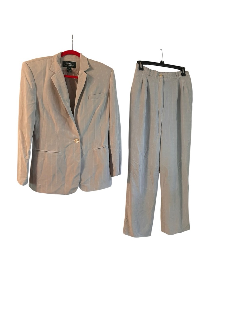 Vintage Ralph Lauren light khaki color silk cream pinstripes pantsuit Size 6